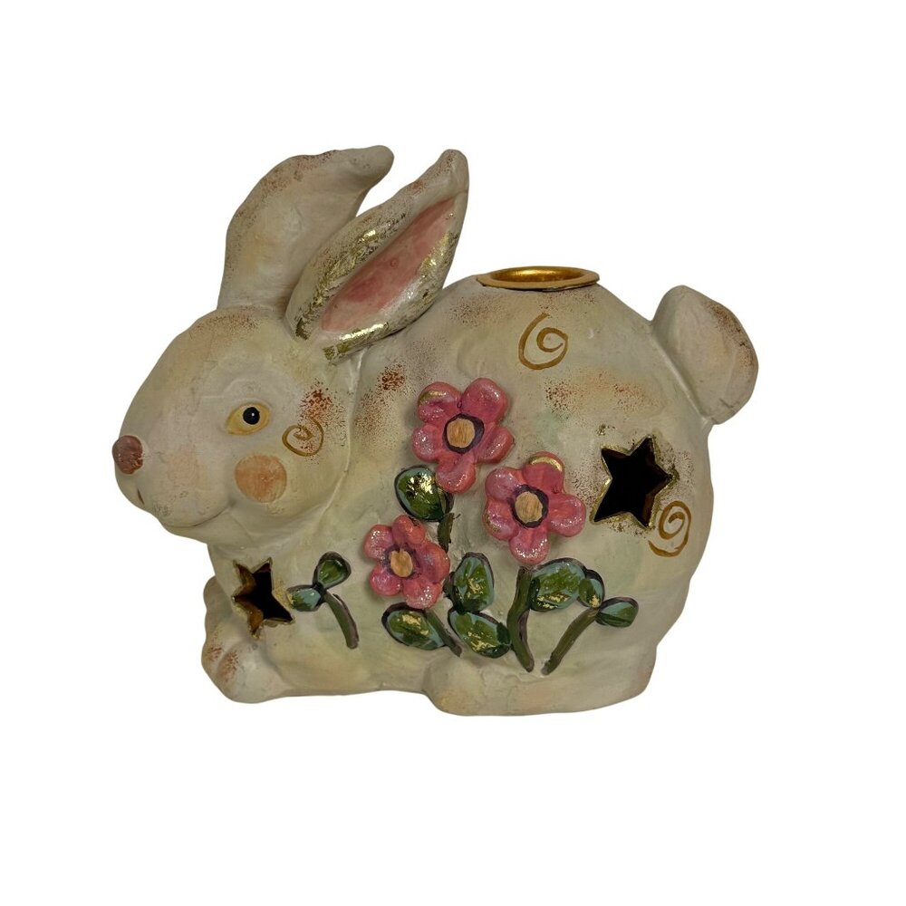 Roman, Inc. Vintage Ceramic Flowered Bunny Candle Holder